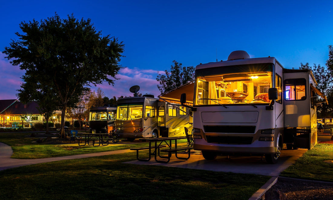 RV park with full hookups and scenic campsites at sunset